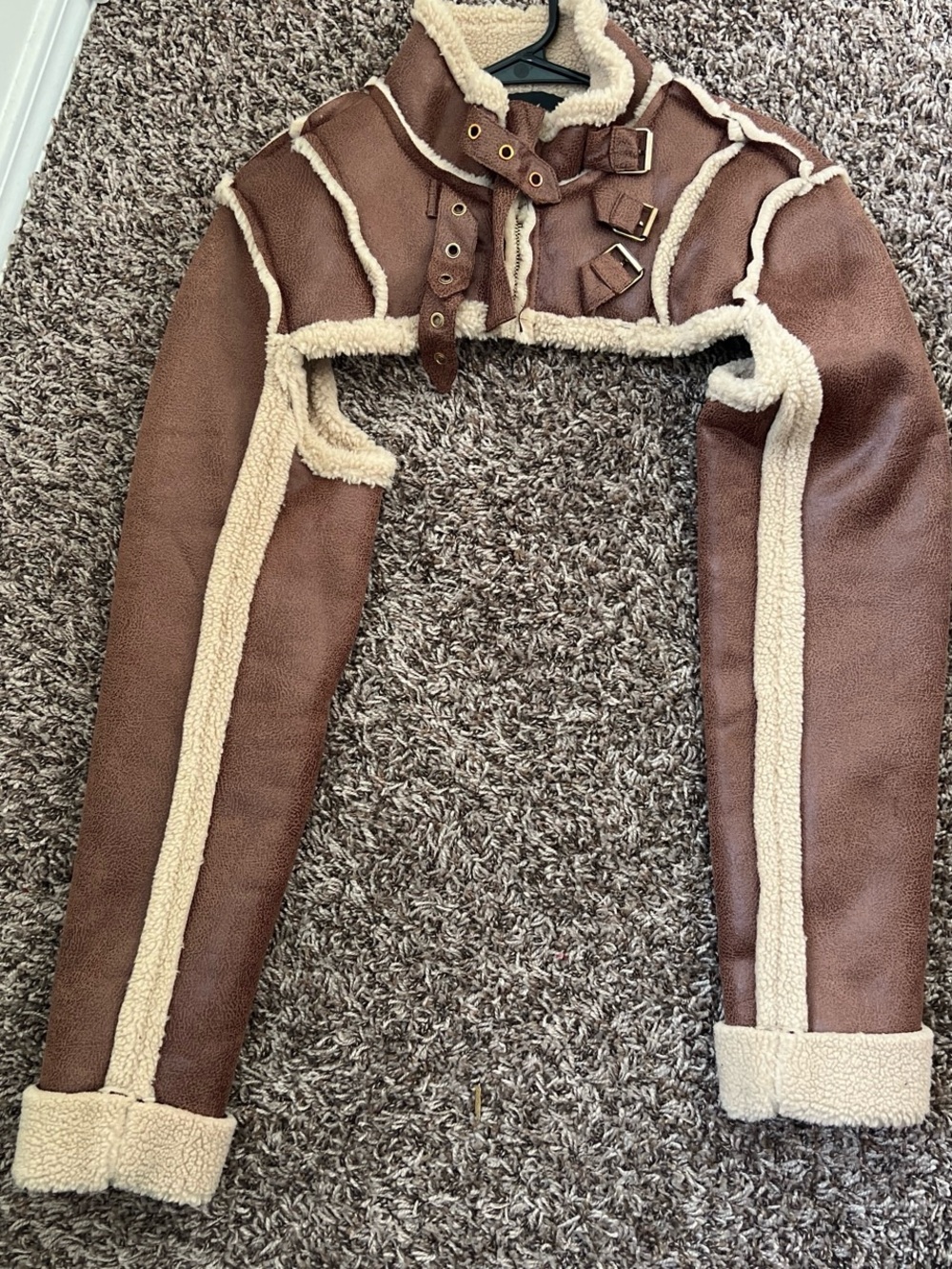 🆕 Fashion Nova Cropped Faux Shearling Aviator Jacket - Brown & Cream